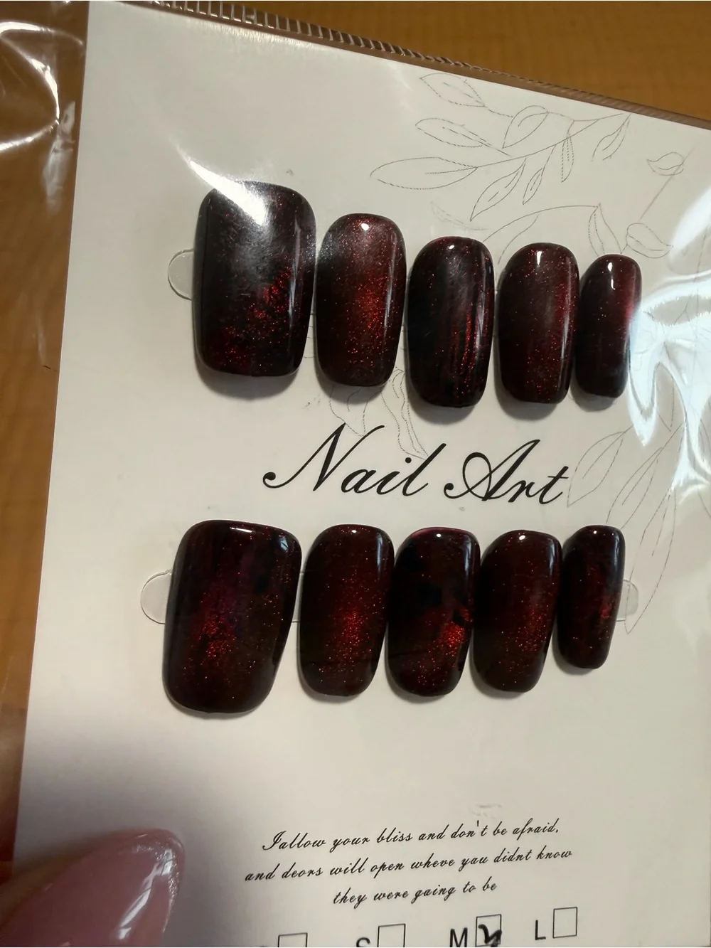 2 Sets of Press-On Nails Red-Black Cat Eye & Metallic Brown Glitter Size Medium